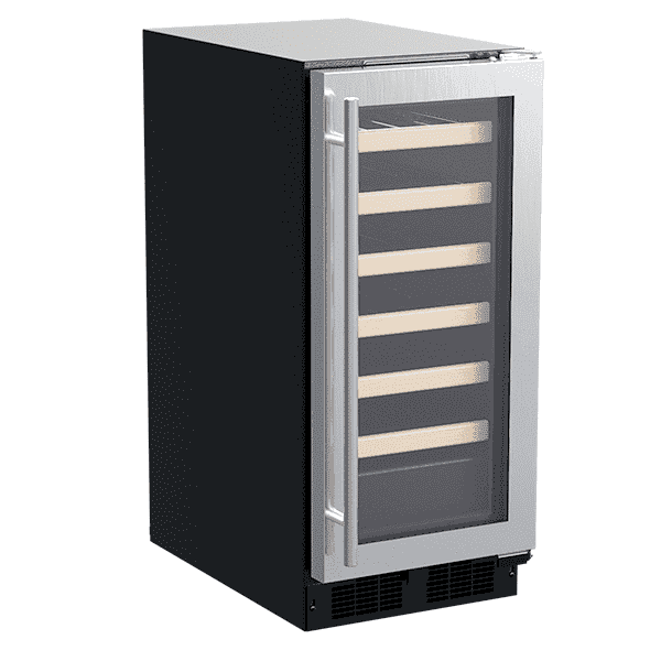 Marvel single-zone wine refrigerator with glass door, angled studio shot