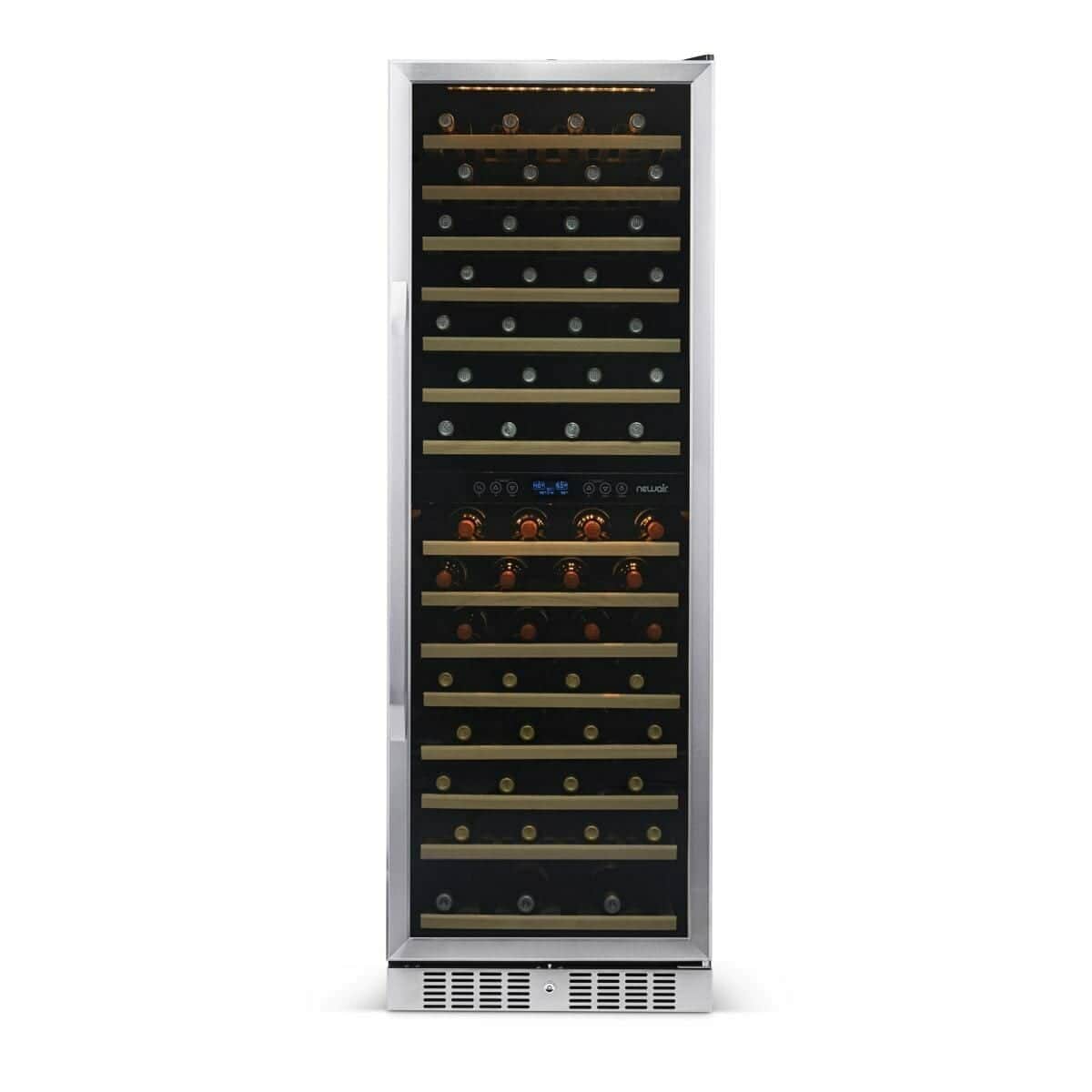 NewAir 160-bottle dual-zone wine fridge, straight-on view with lit display