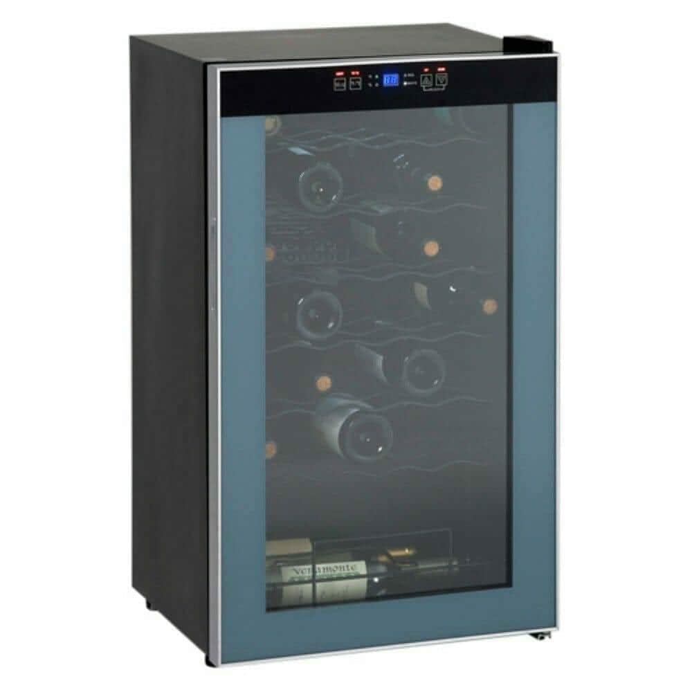 Freestanding 18-bottle wine cooler with blue-tinted glass door, angled view