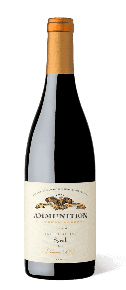 Ammunition Founders Reserve 2016 Syrah bottle on white background