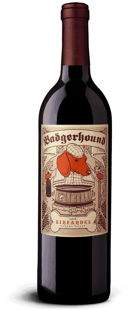 Badgerhound 2016 Sonoma Zinfandel bottle on white background