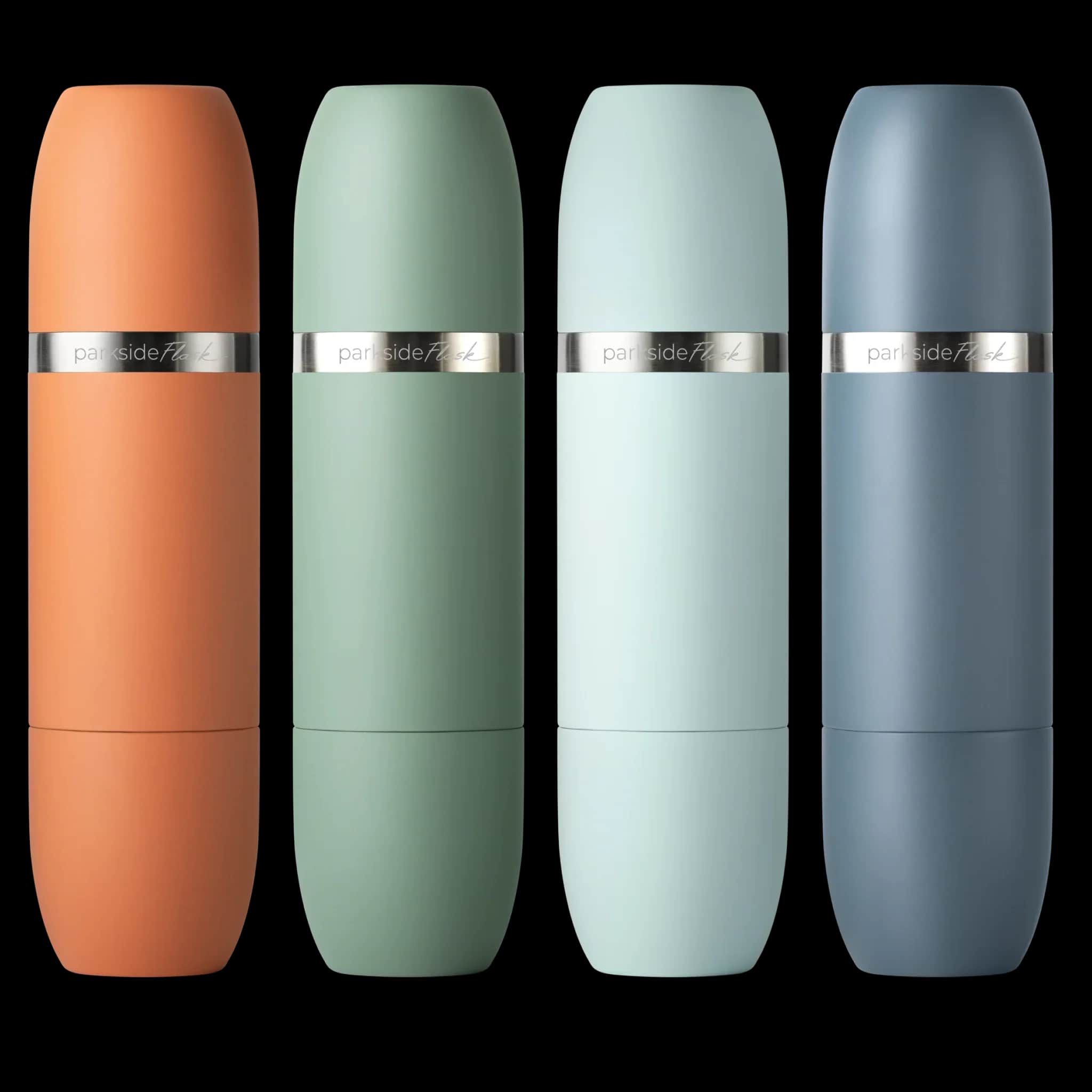 Four High Camp Parkside Flask sets in orange, sage, mint and blue finishes