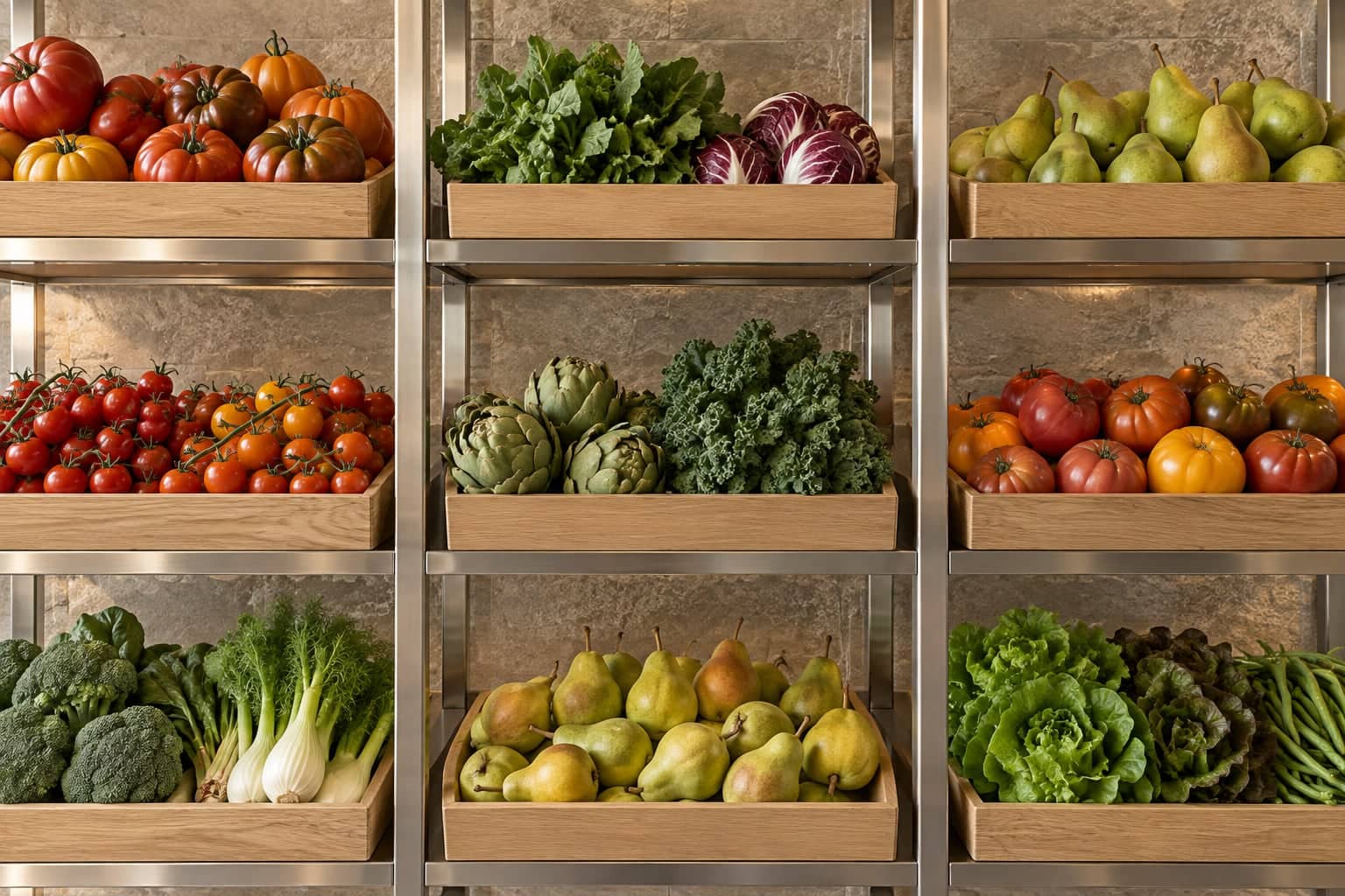 Wooden crates of tomatoes, greens, pears and broccoli on a stone-backed display shelf