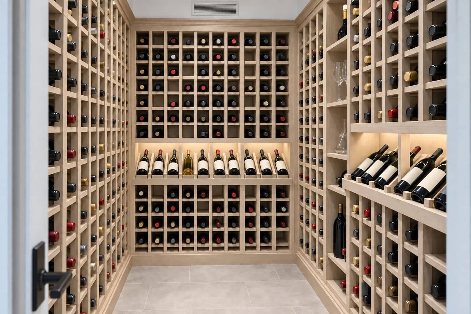 Symmetrical wood-racked wine cellar with a ceiling vent grille and label-out display bottles