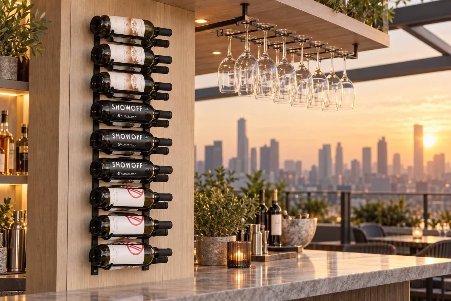 VintageView wall-mounted bottle rack on a rooftop bar with a city skyline at sunset