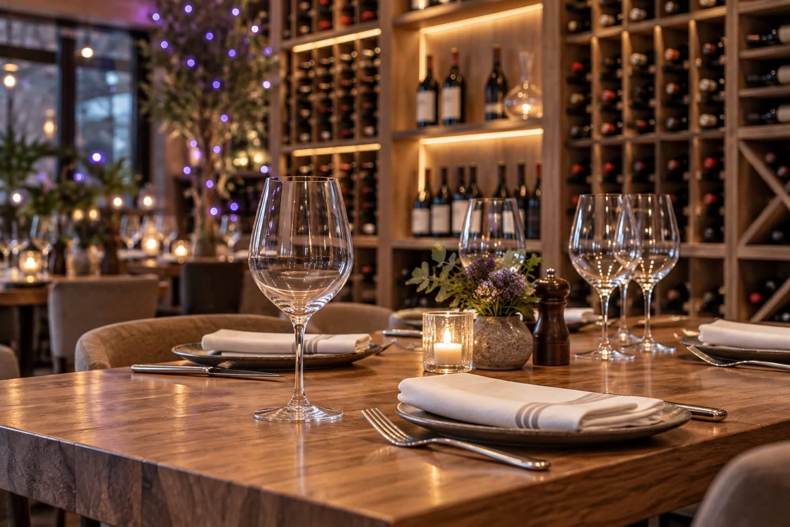 Restaurant table set with wine glasses beside a lit candle, purple string lights blurred behind