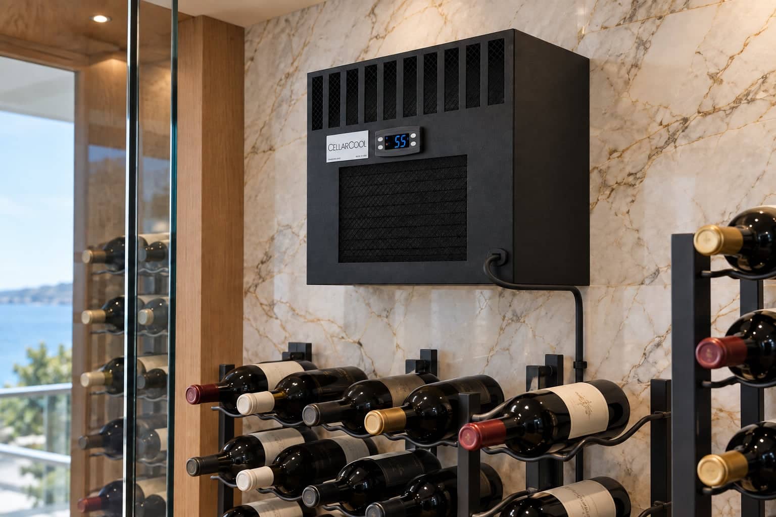 Wall-mounted CellarCool compressor unit above a bottle rack, ocean view nearby