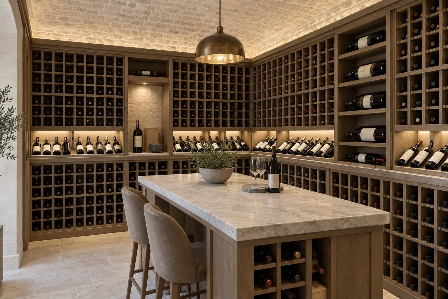 Stone-vaulted wine cellar with floor-to-ceiling bottle bins around a marble tasting island