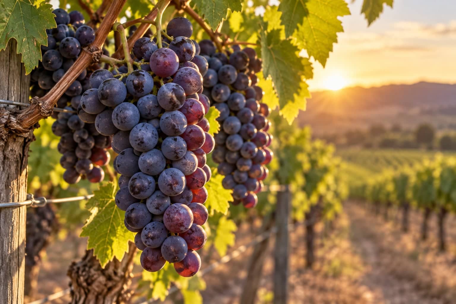 Backlit dark grape clusters on the vine in a golden-hour vineyard row