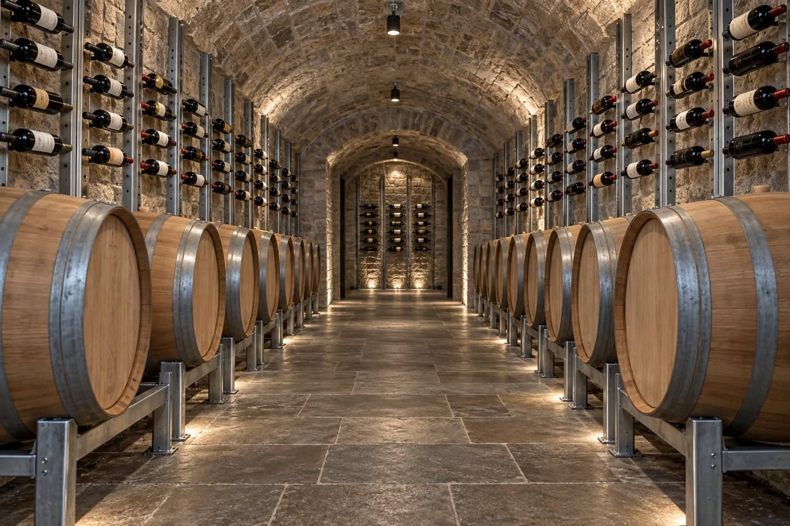 Stone barrel-vaulted cellar corridor lined with oak aging barrels and wall wine racks