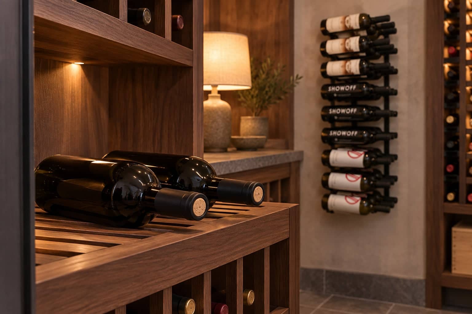 A wooden pull-out wine shelf beside illuminated cellar shelving