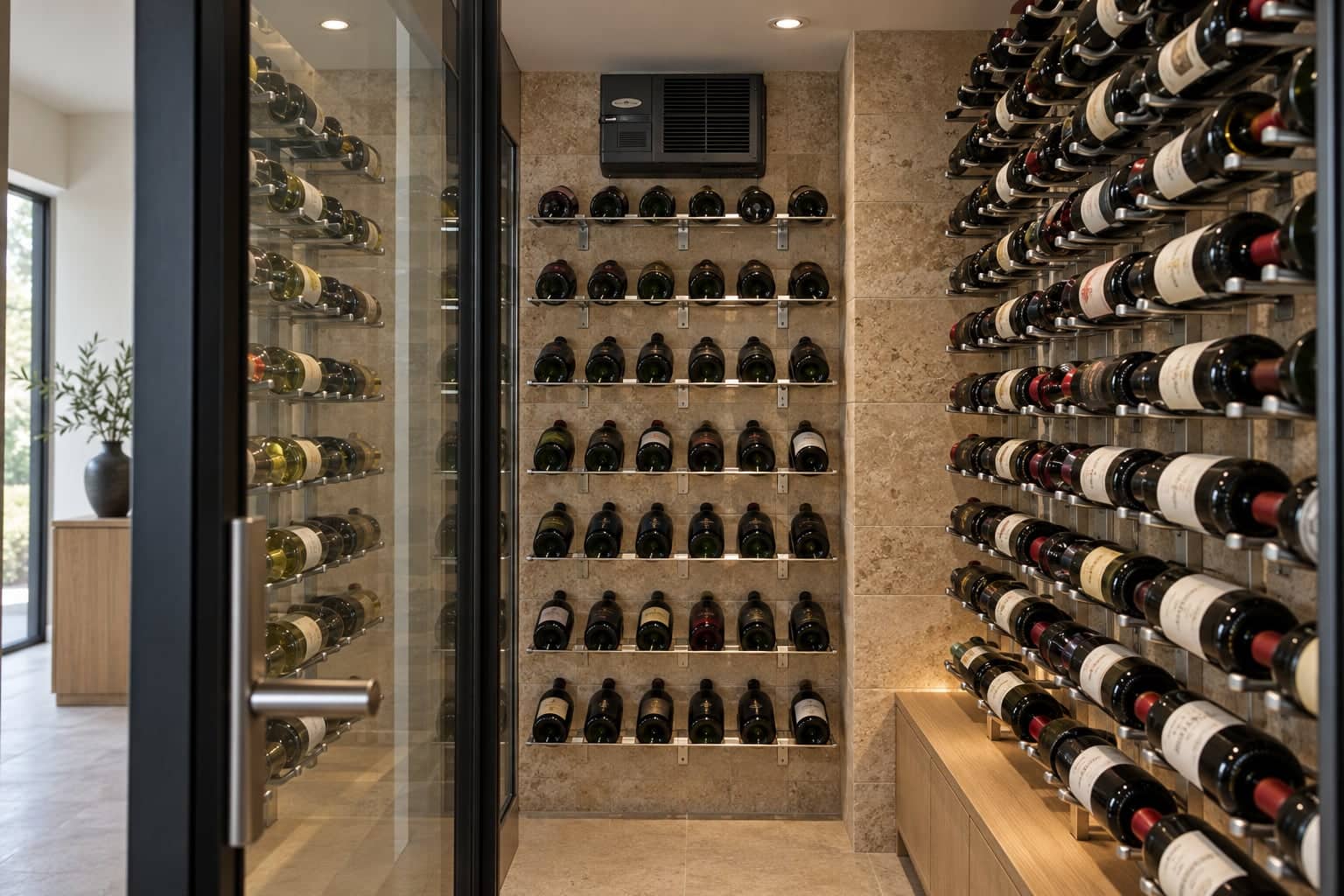 Glass-enclosed wine room with a wall-mounted cooling unit above tiled bottle racking