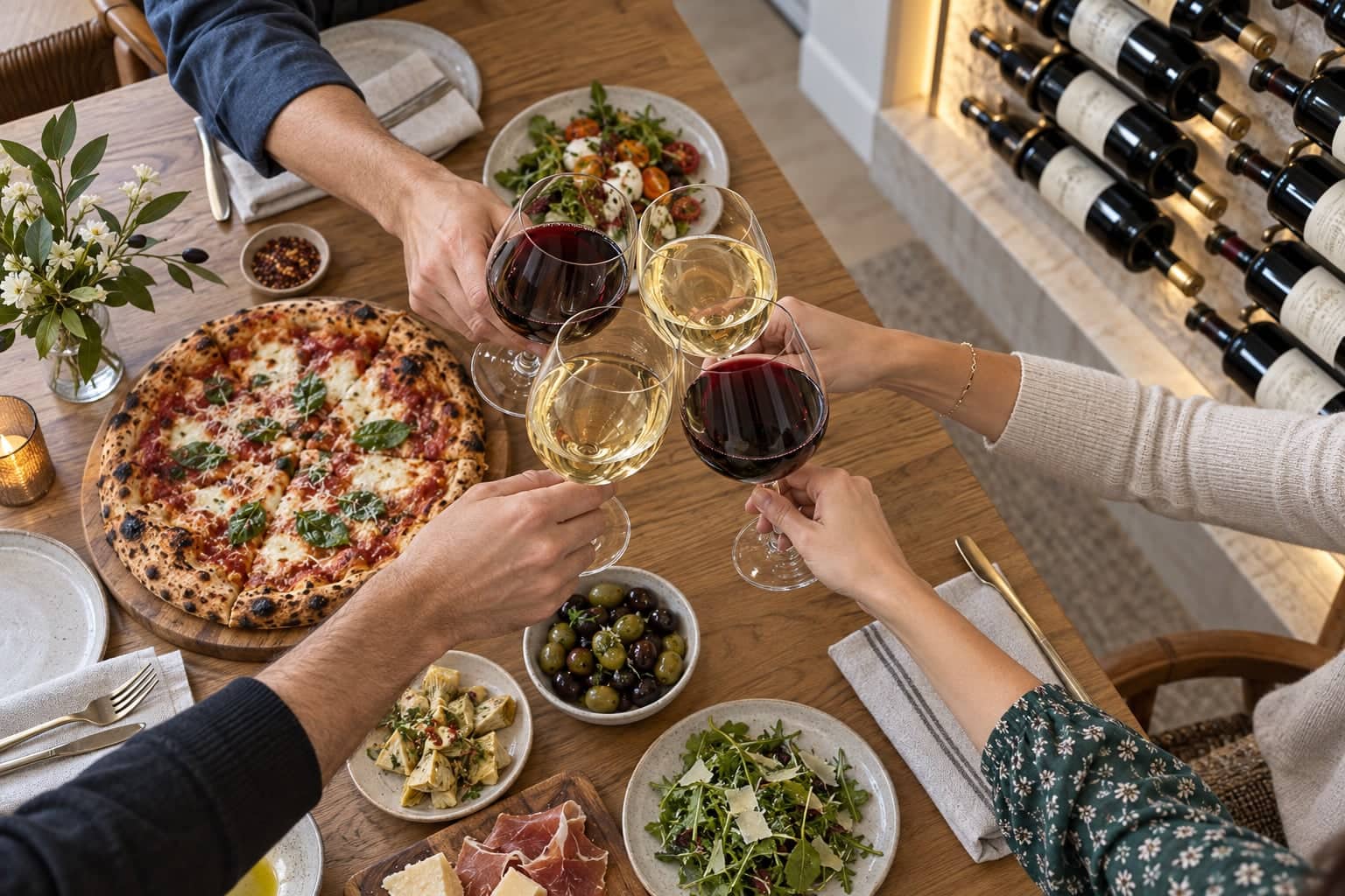 Overhead view of hands toasting wine glasses over a table set with pizza, olives and small plates