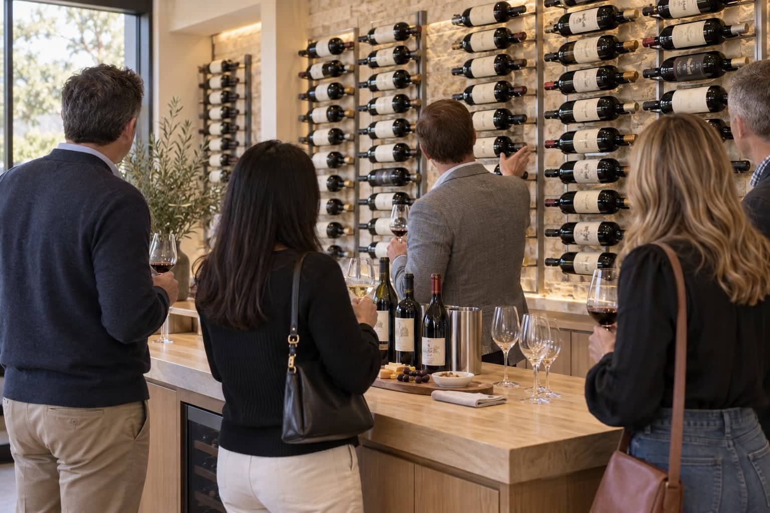 Guests holding wine glasses and tasting at a showroom counter in front of a stone wine wall, seen from behind