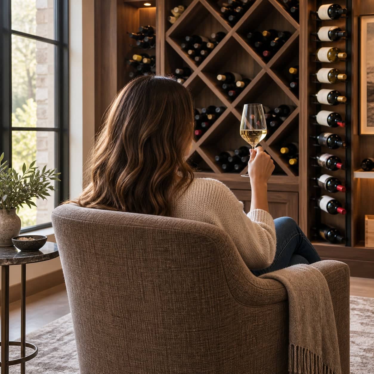 Person seated by a window holding a glass of white wine beside wood bottle racks.