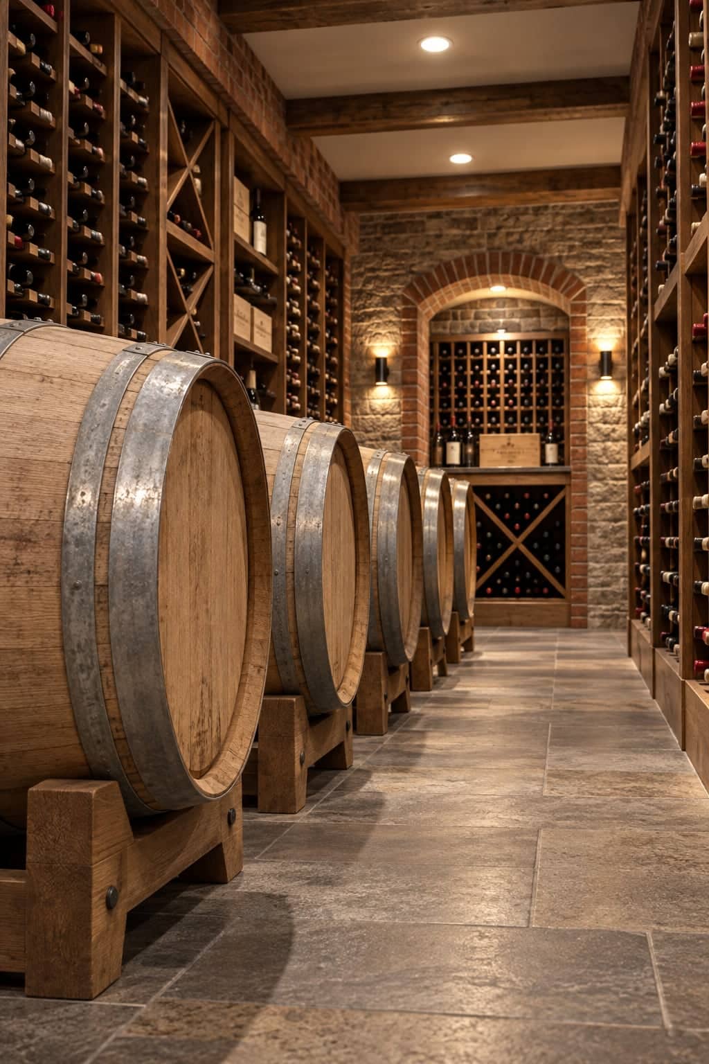 Row of oak wine barrels in a stone-and-brick cellar corridor with wine racking