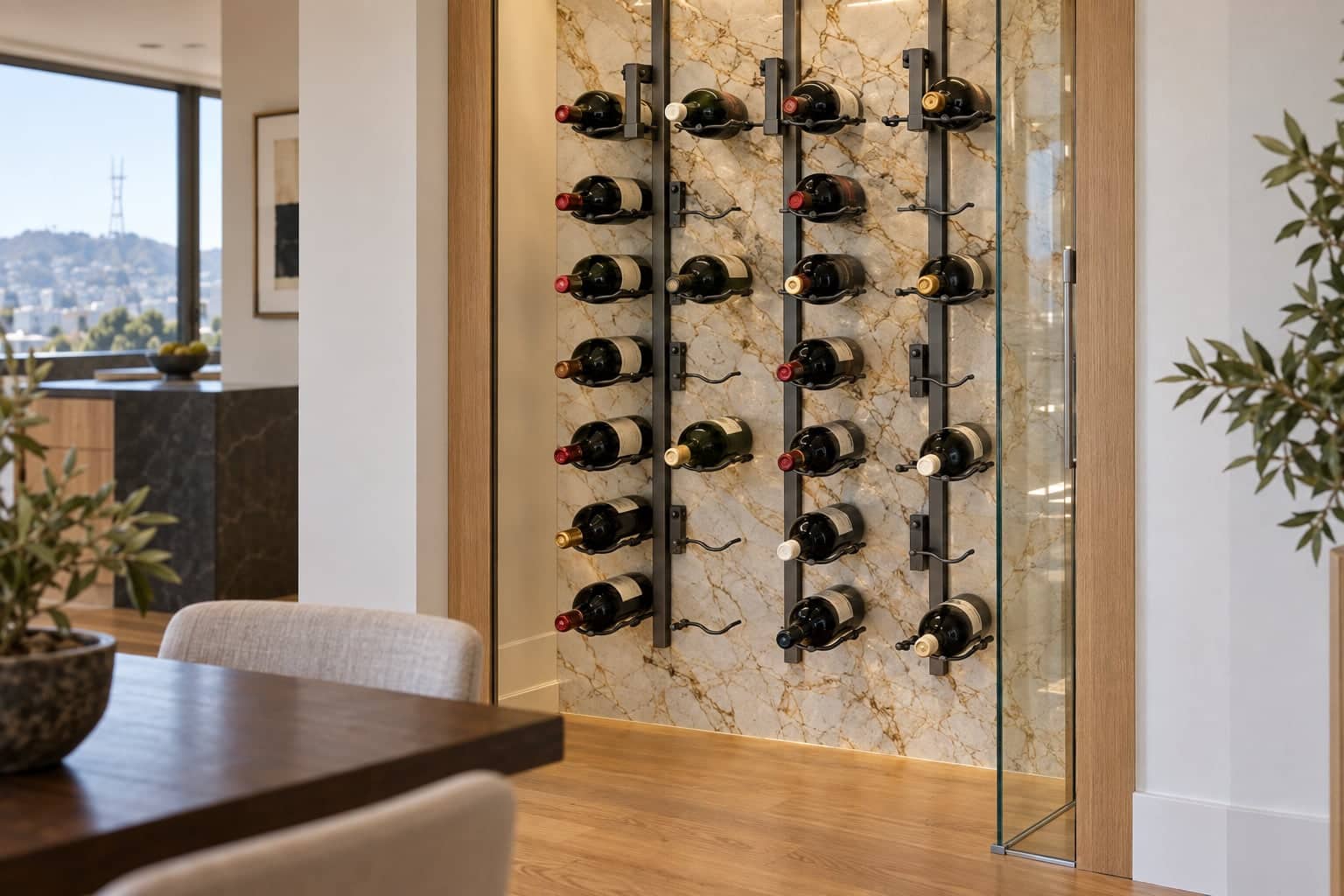 Wall-mounted wine peg rack on marble in a glass-enclosed apartment cellar