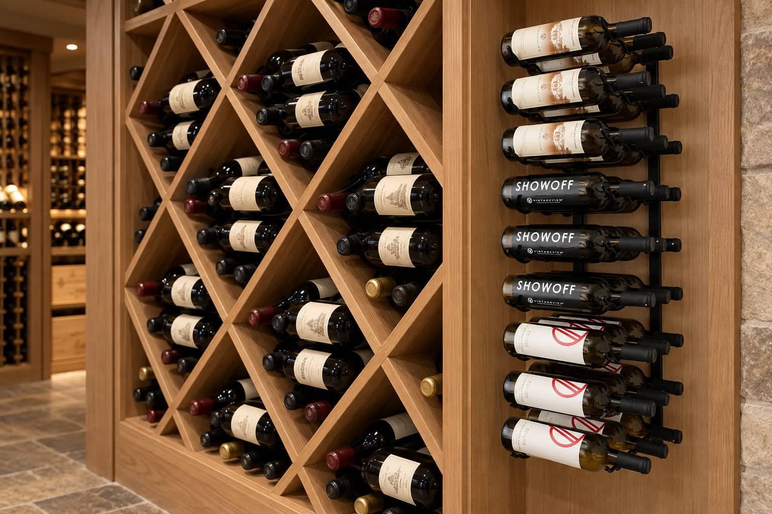 Wooden diamond wine bins beside a label-forward metal bottle rack