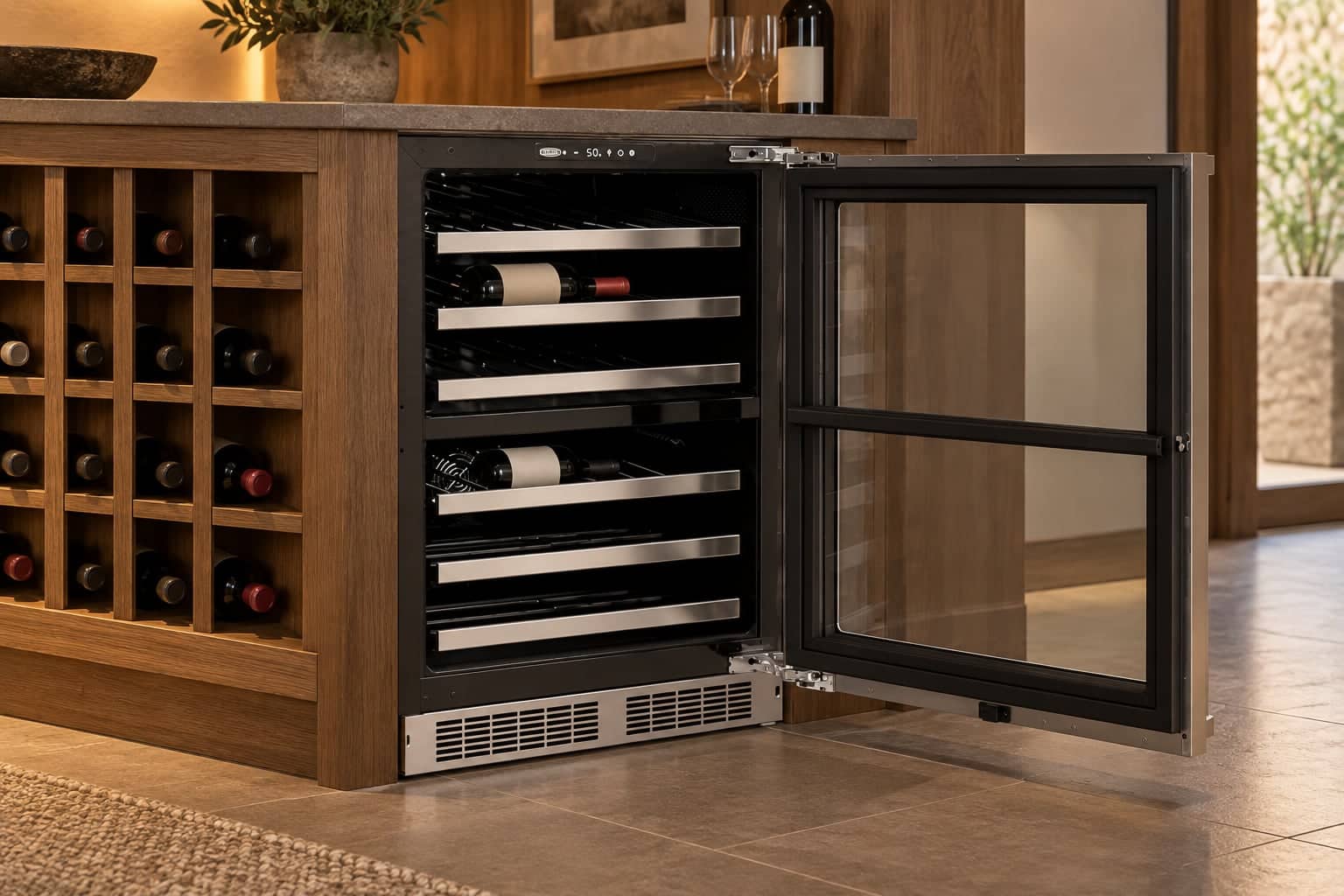 An open under-counter wine refrigerator has six metal-front shelves and two bottles with blank labels.