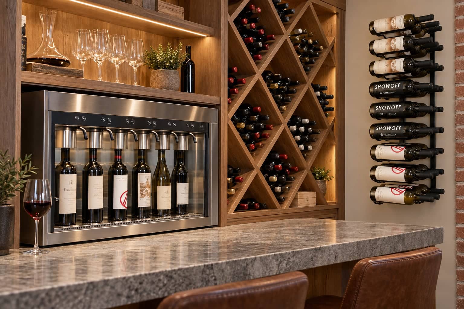 Wine preservation dispenser at a home bar beside a diamond bin rack and VintageView wall rack