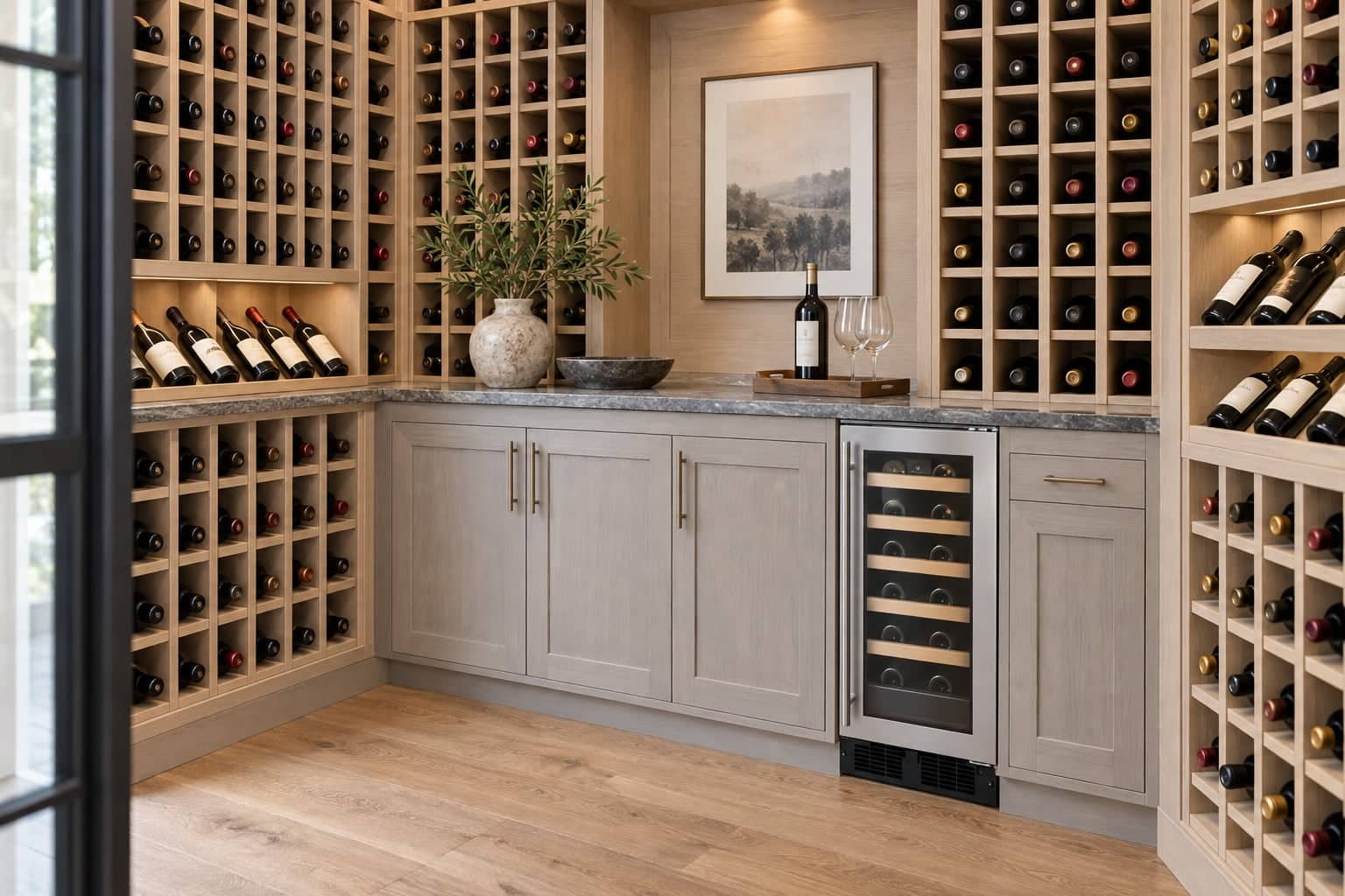 Wood-toned wine cellar corner with a Marvel single-zone stainless cooler built into light cabinetry