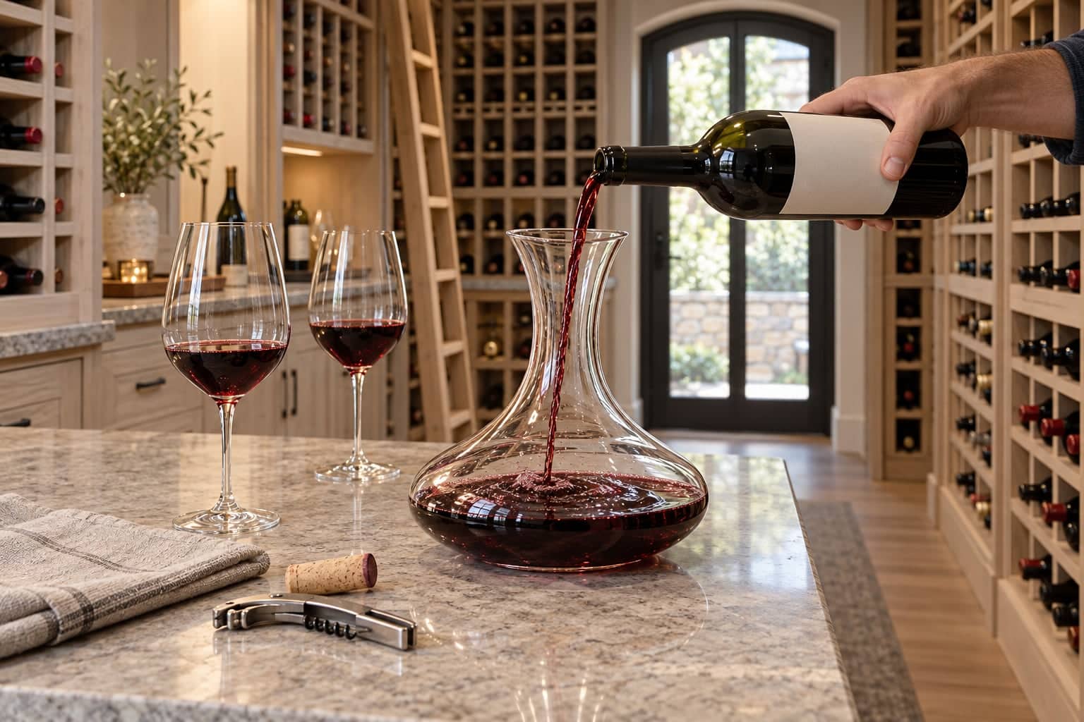 Hand pouring red wine from a bottle into a glass decanter in a wood-paneled wine cellar