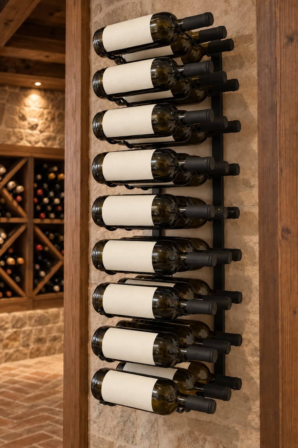 Nine rows of plain cream-label wine bottles rest three deep on a black wall-mounted rack beside a wood-lined cellar.