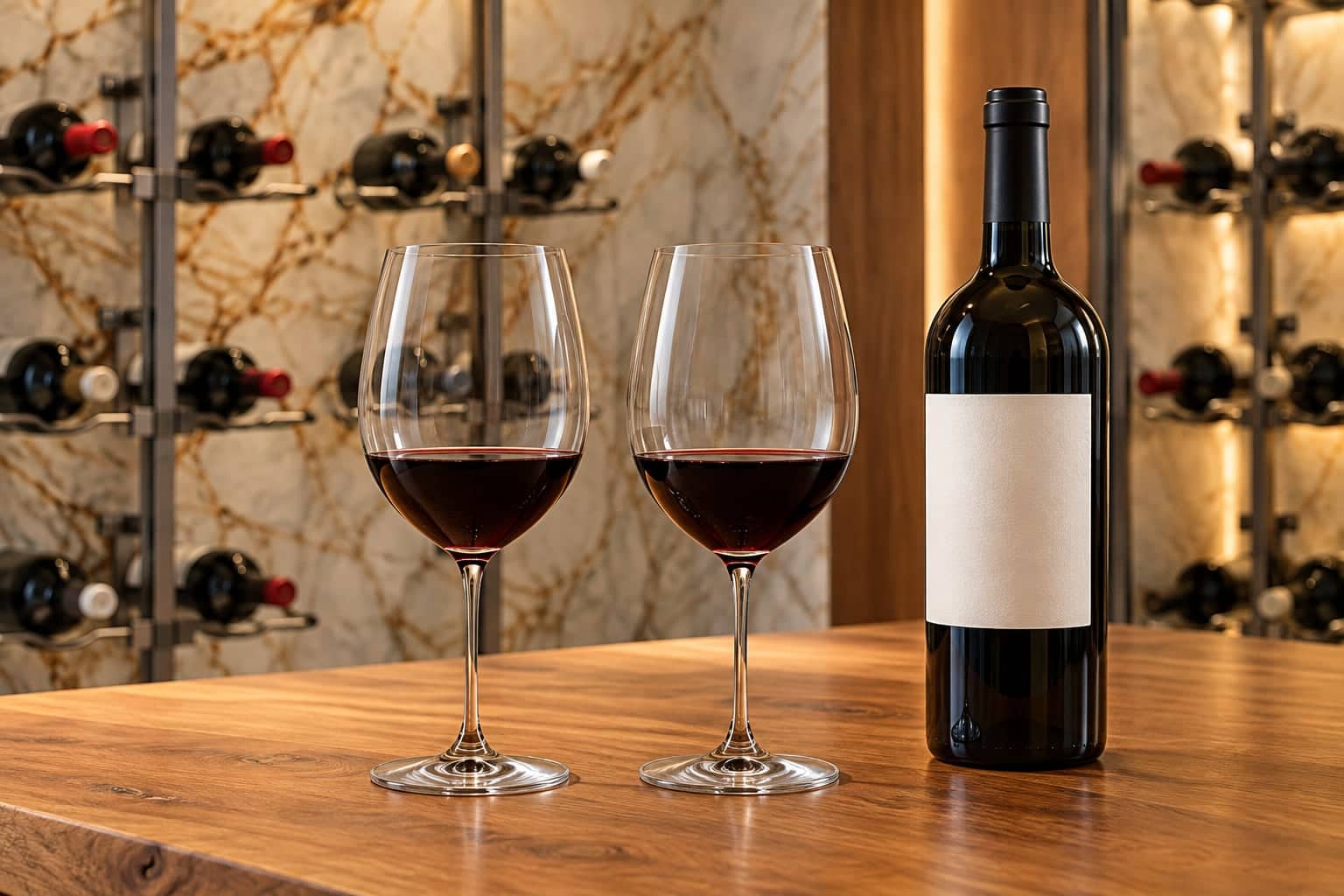 Two glasses of red wine and a bottle with a blank label on a wood table, with metal wine racks against stone behind.