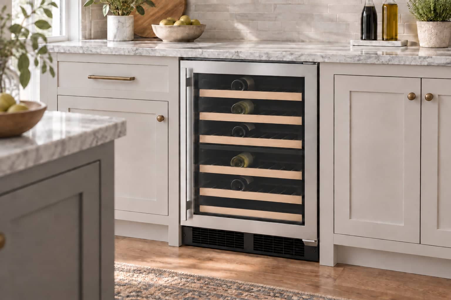 Marvel stainless-and-glass wine refrigerator beneath a stone kitchen counter, with its base ventilation grille clear.