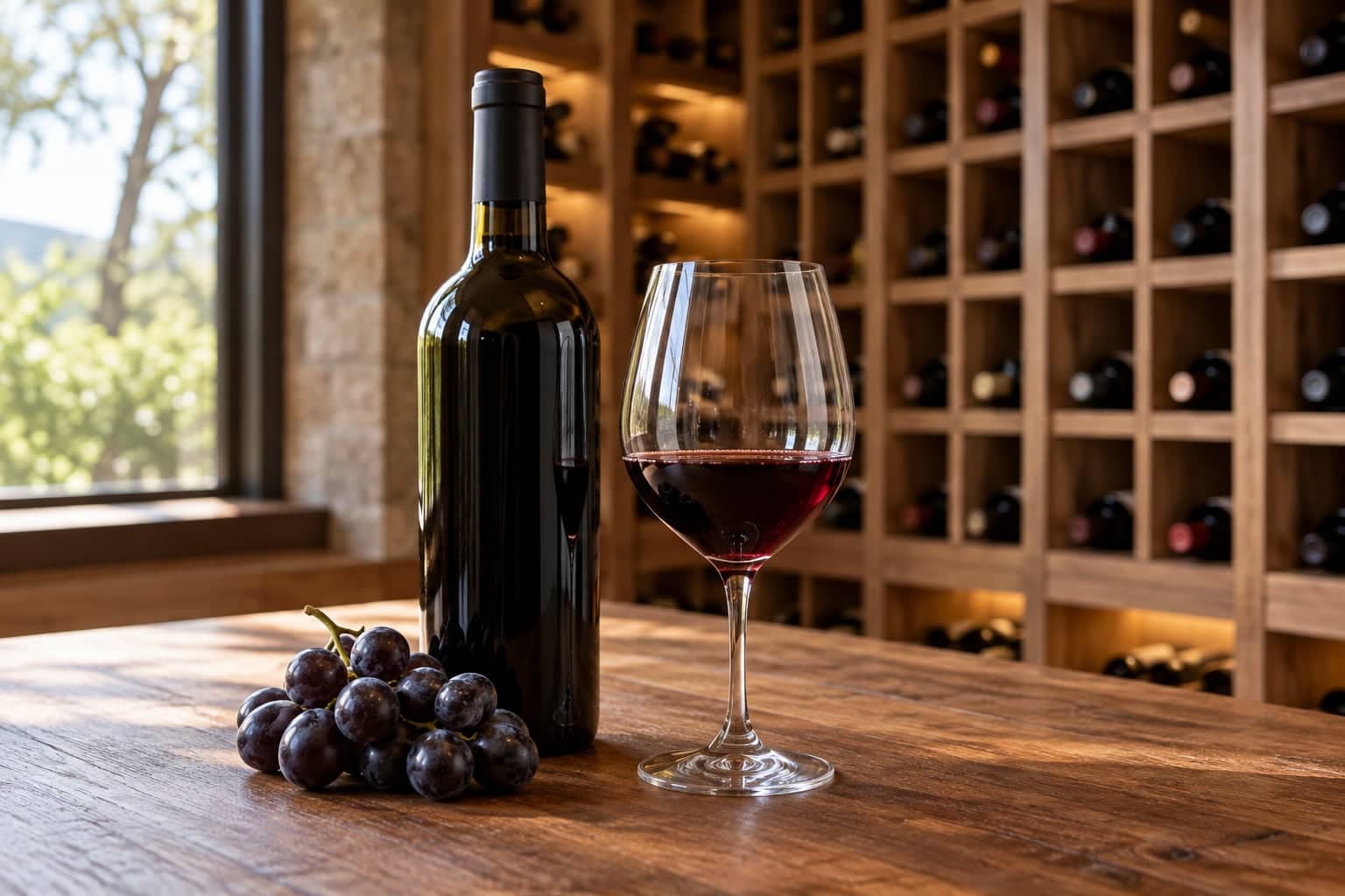 Wine bottle, glass of red wine and grapes on a wood table with racking and a window view behind