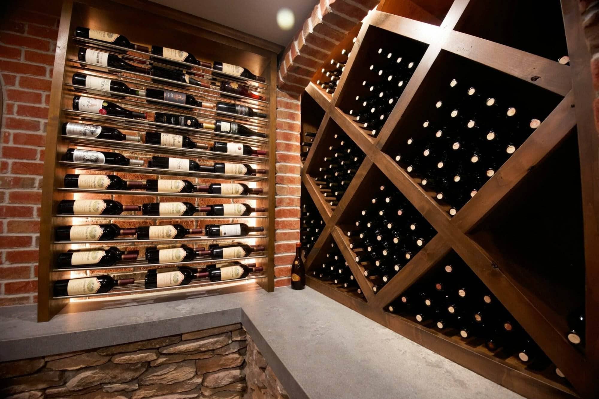 Label-forward metal racks meet large wooden diamond bins against a brick wall.