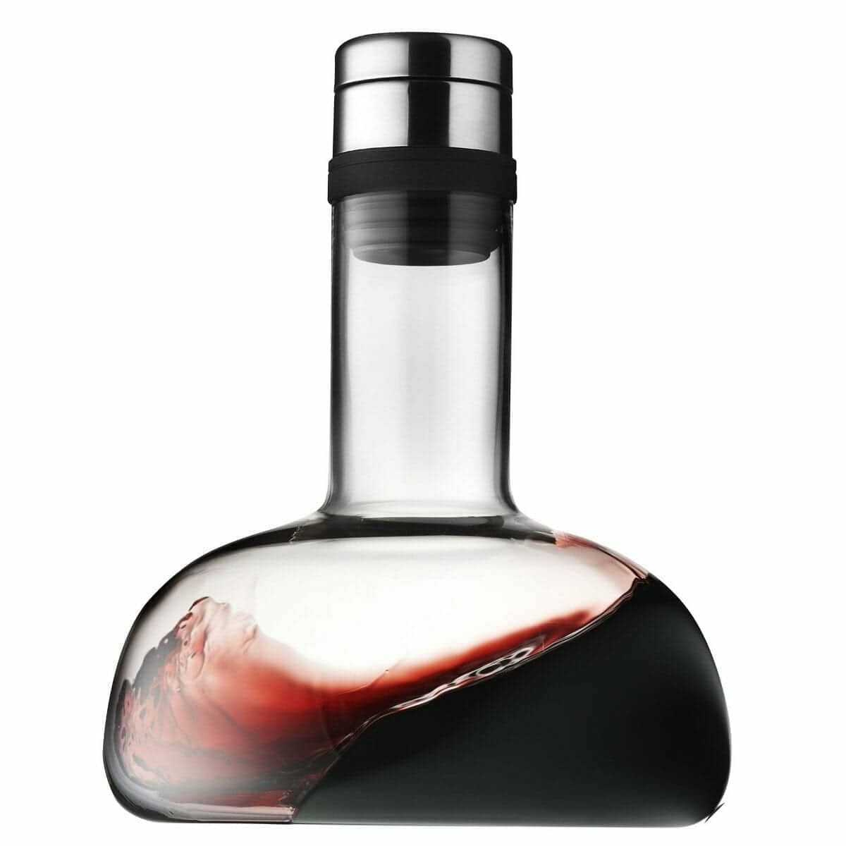 Glass wine decanter with stainless cap on white background