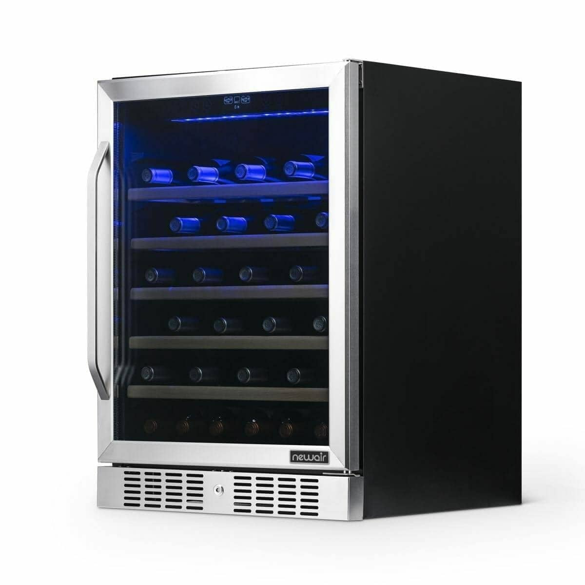 NewAir AWR-520SB stainless dual-zone wine fridge with blue interior lighting