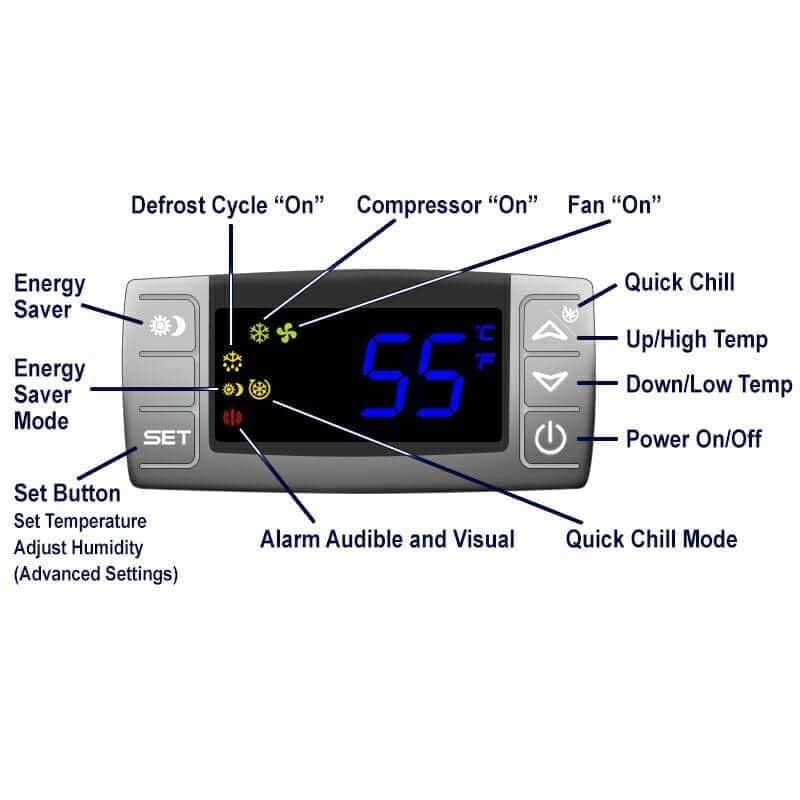 Labeled diagram of a wine cooling unit control panel and indicator icons