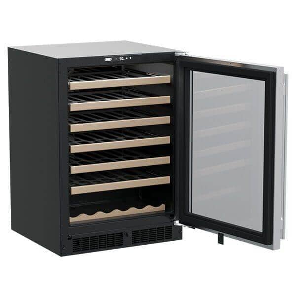 Marvel 24-inch wine cooler with door open, wood-trimmed racking