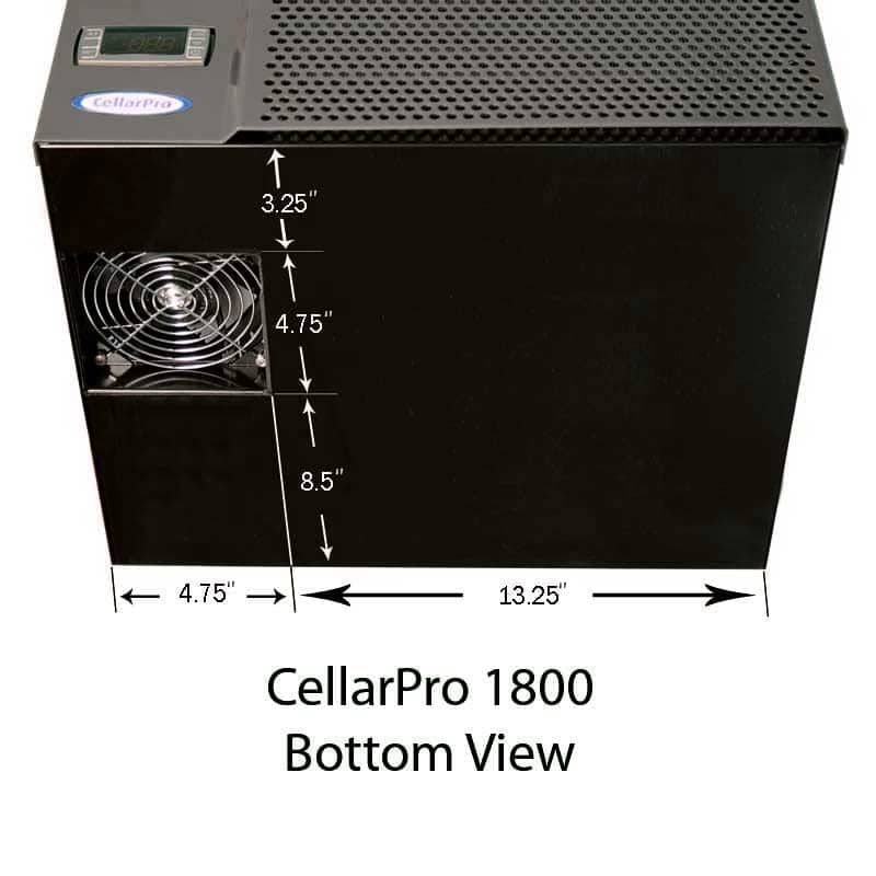 CellarPro 1800 cooling unit bottom view with dimension callouts