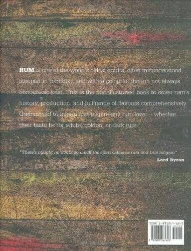 Rum book back cover with text over a weathered wood-plank background