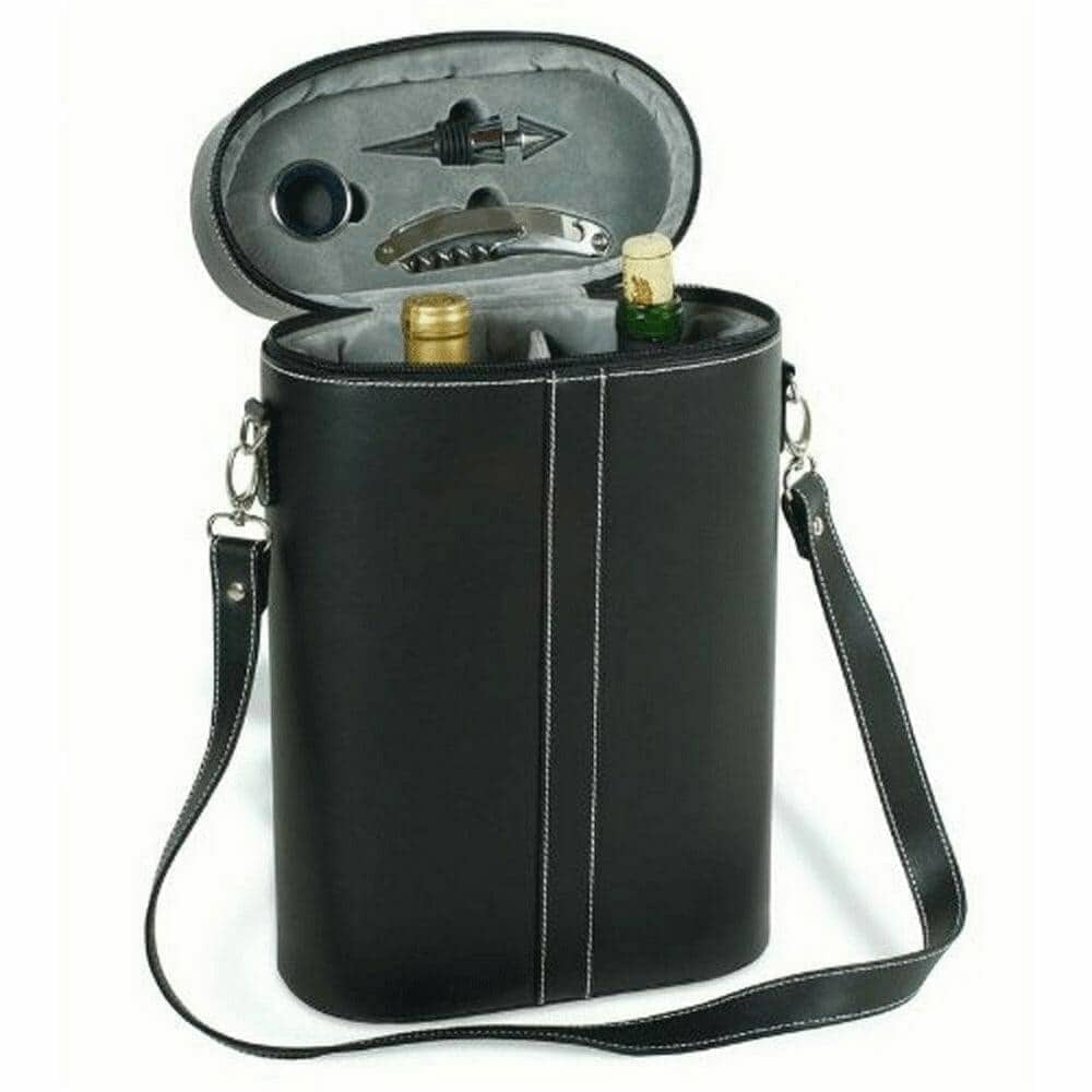 Black leather two-bottle wine travel case open with glasses and tools