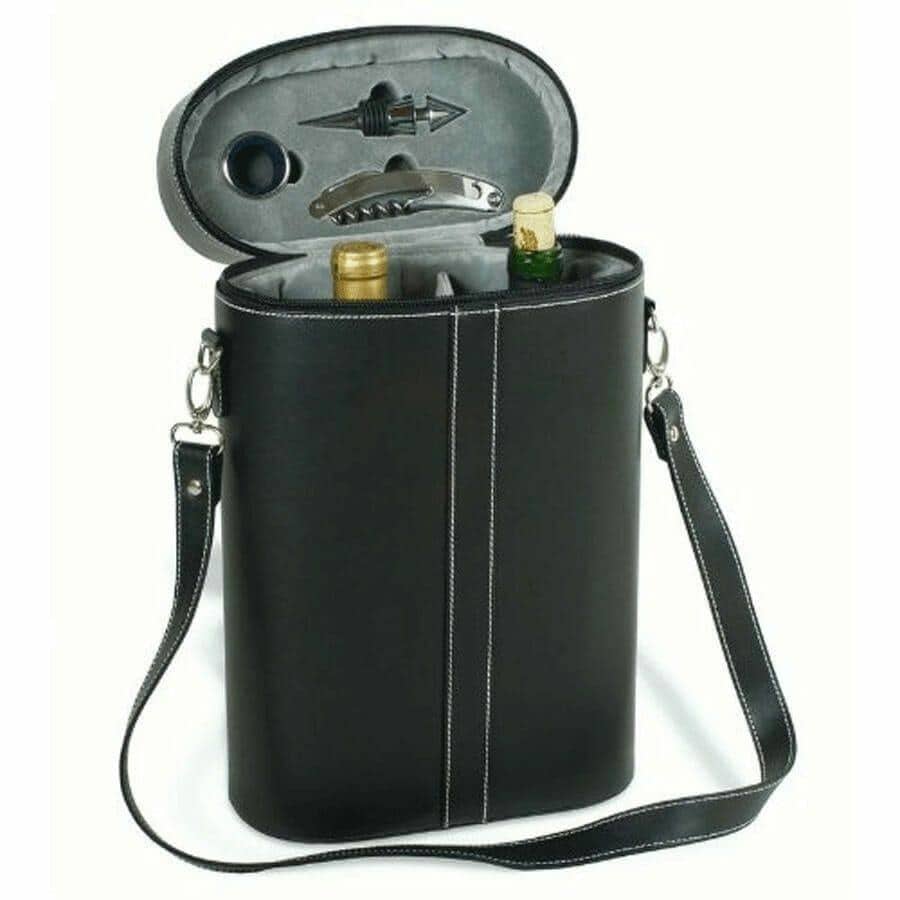 Two-bottle leather wine travel case open showing glasses and a corkscrew