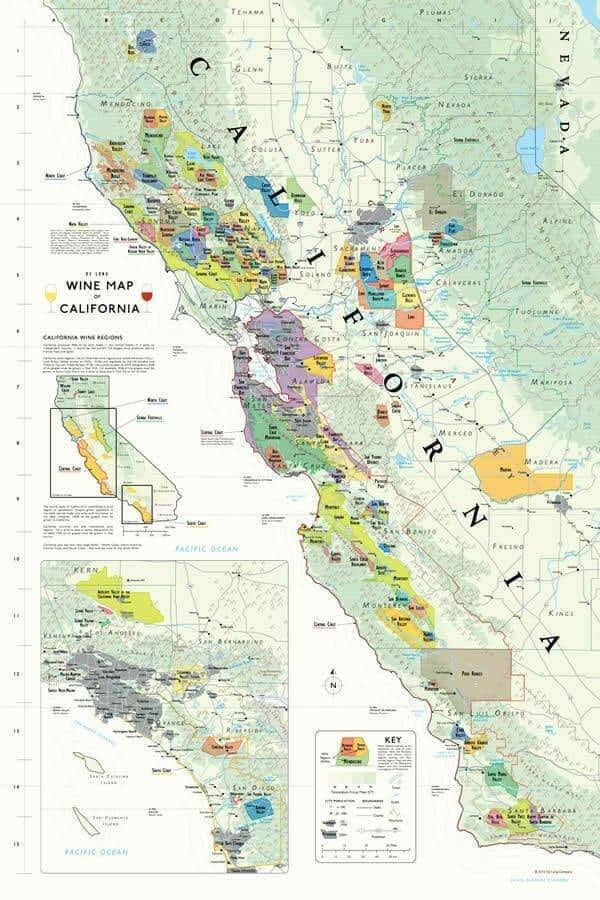 Illustrated wine map of California, portrait crop showing AVA regions