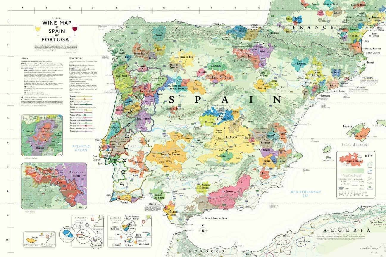 Illustrated wine map of Spain and Portugal, wide crop
