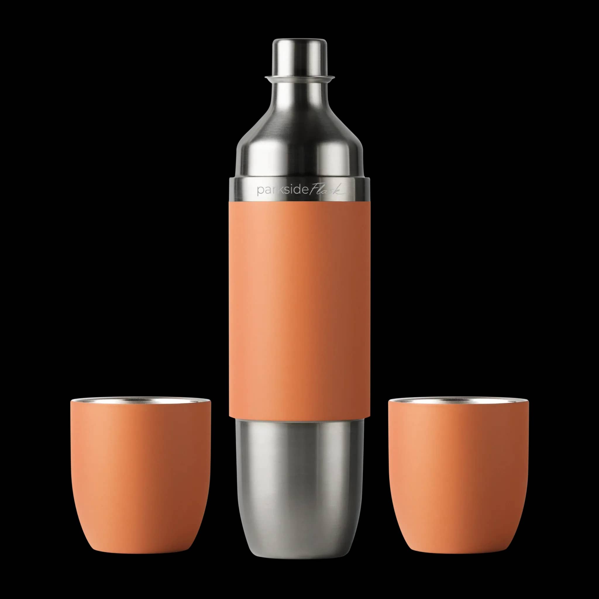 High Camp Parkside Flask shaker with ember-orange tumblers on white
