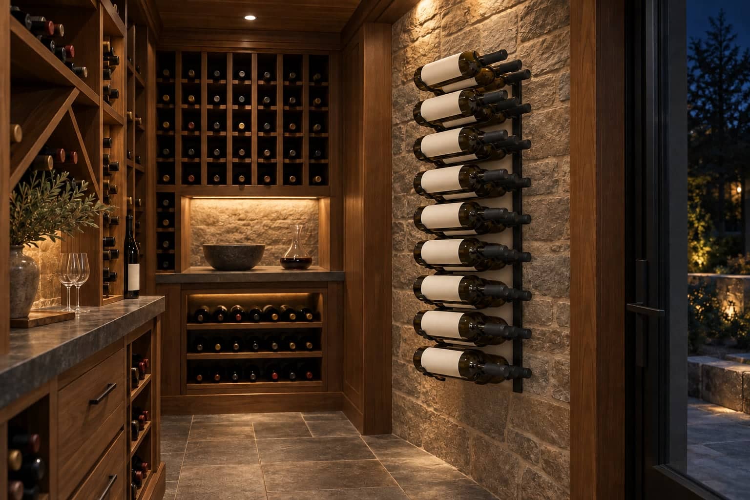Warmly lit wood-and-stone wine cellar at night, with a black metal rack holding plain-label bottles beside glass doors.