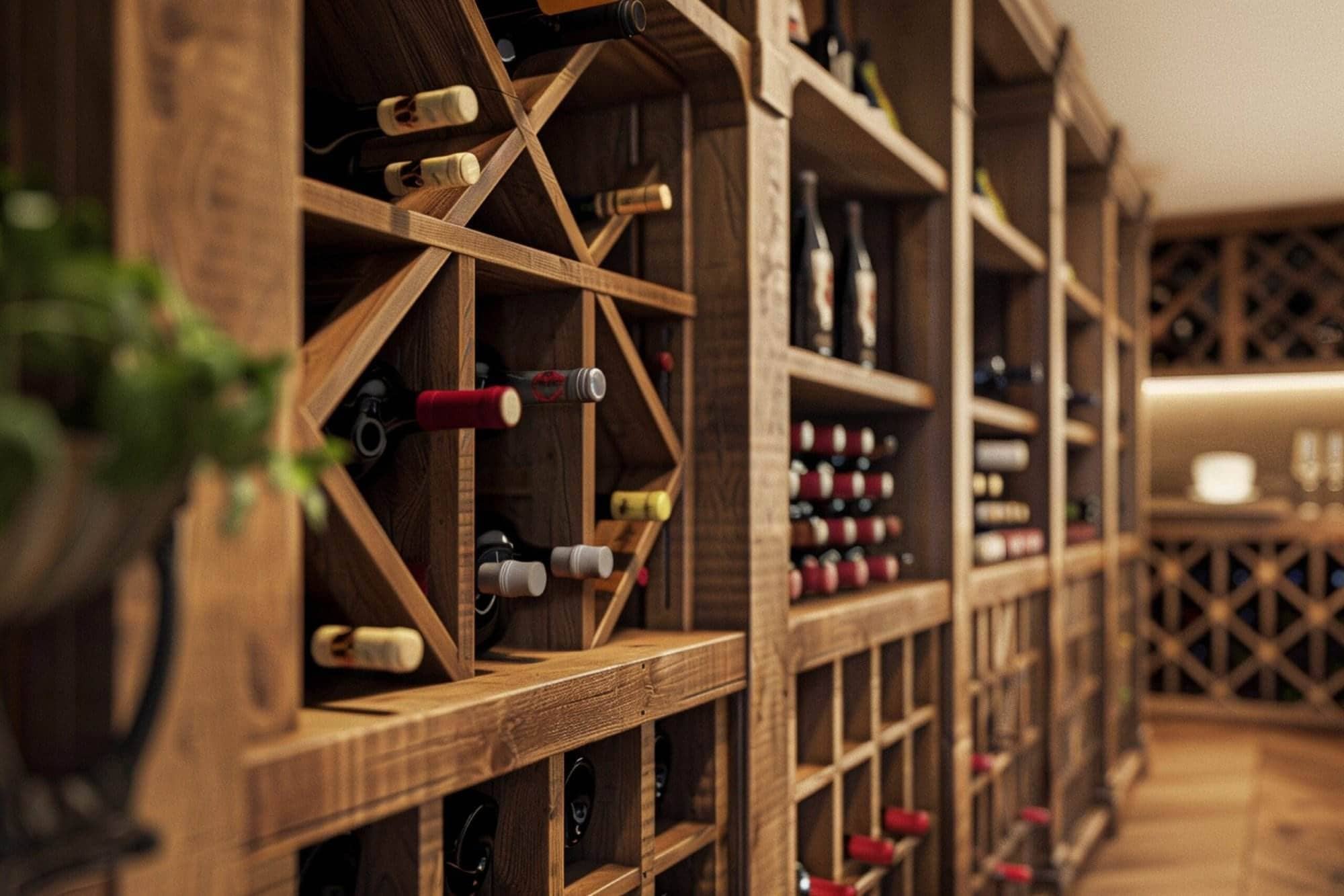 Rustic wooden diamond-bin wine rack filled with bottles beside a plant and cellar view