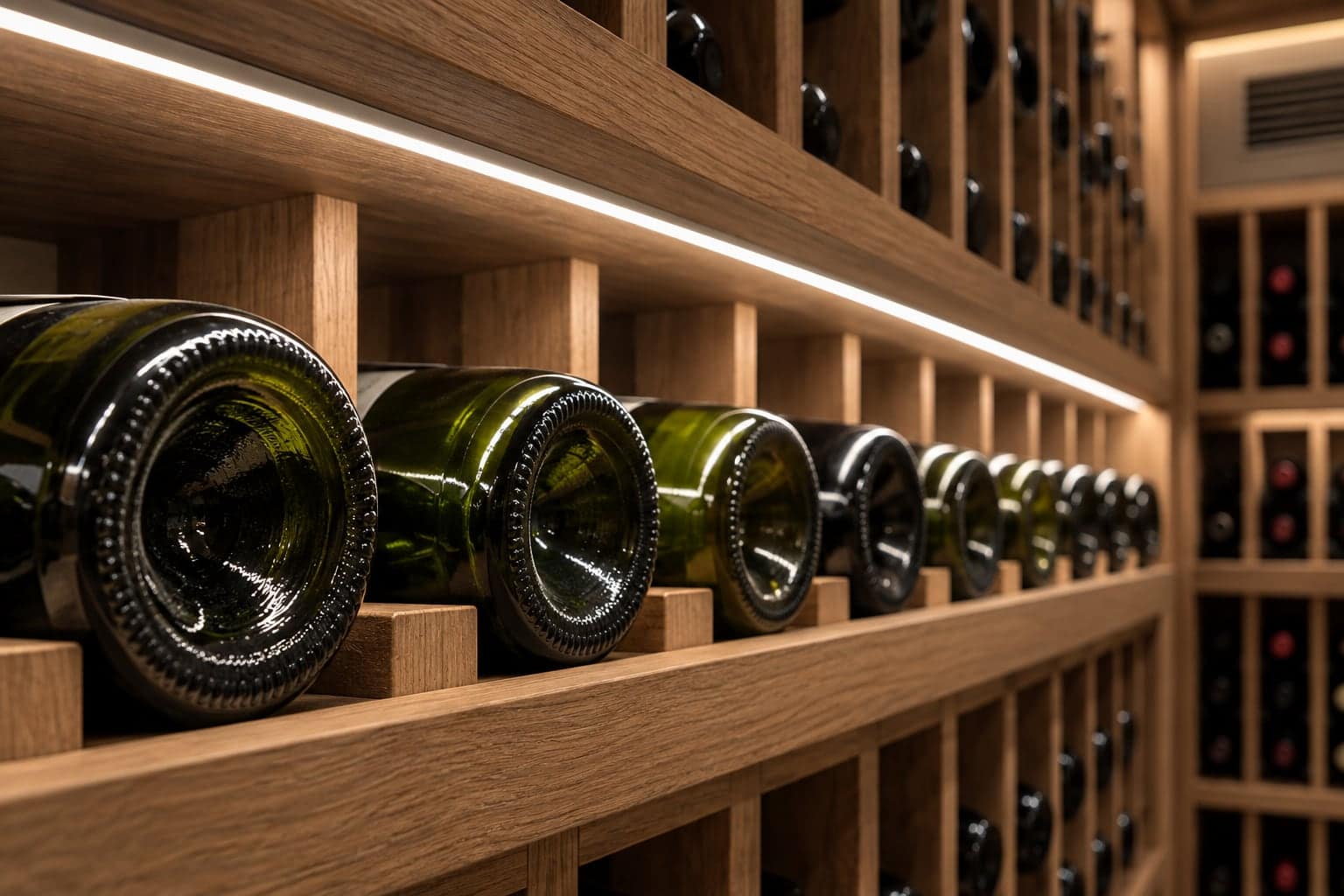 Diagonal wine bottle bases on wood cubby shelving under a warm LED display light strip