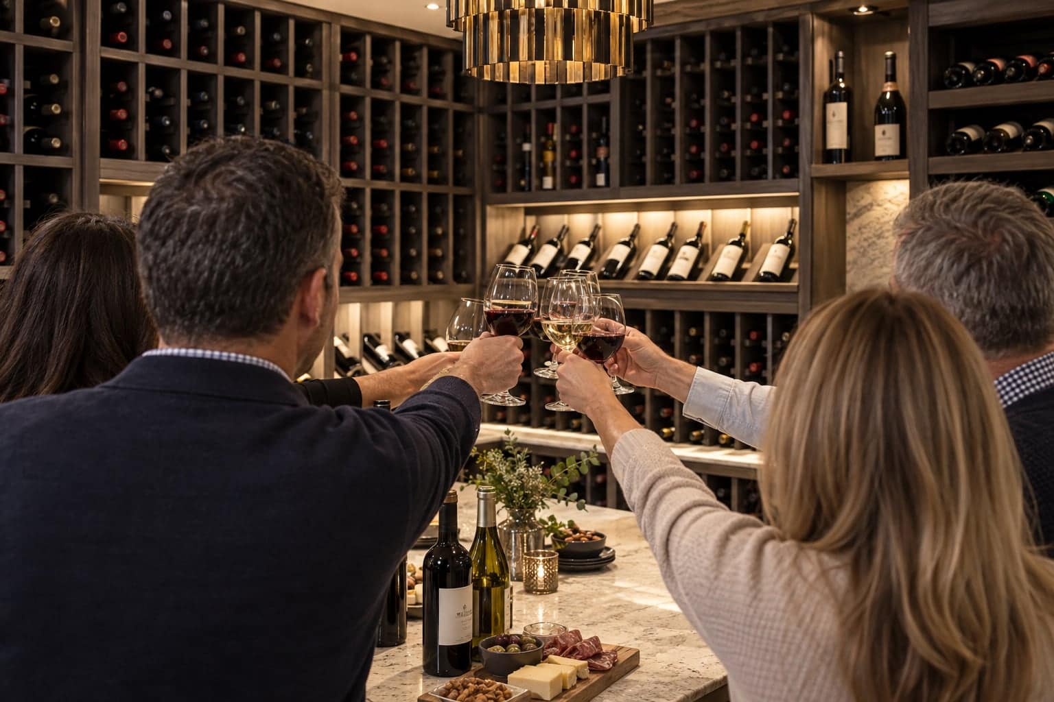 Group toasting wine glasses from behind at a wood-paneled cellar tasting counter