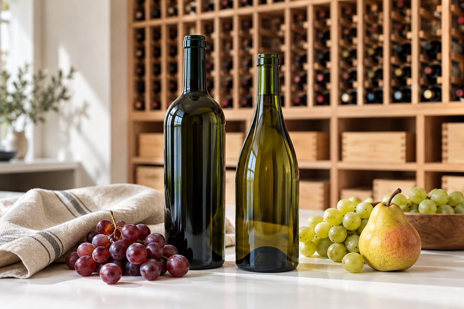 Two unlabeled wine bottles with red and green grapes and a pear on a marble counter