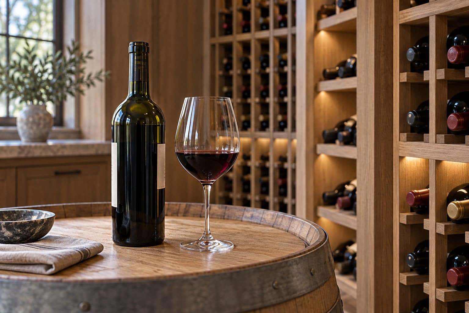 Wine bottle and filled glass on a barrel top with wood wine racking blurred behind