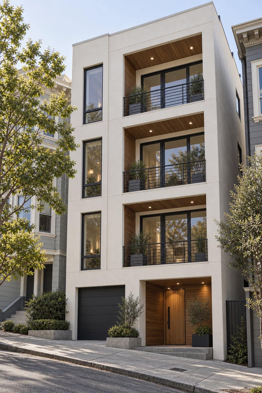 Modern narrow apartment building with balconies along a sloping street.