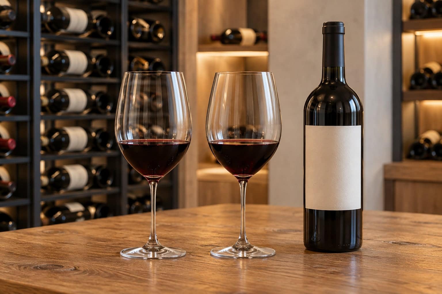 Two tall wine glasses and a bottle with a plain white label stand on a wooden tasting table before orderly cellar racks.